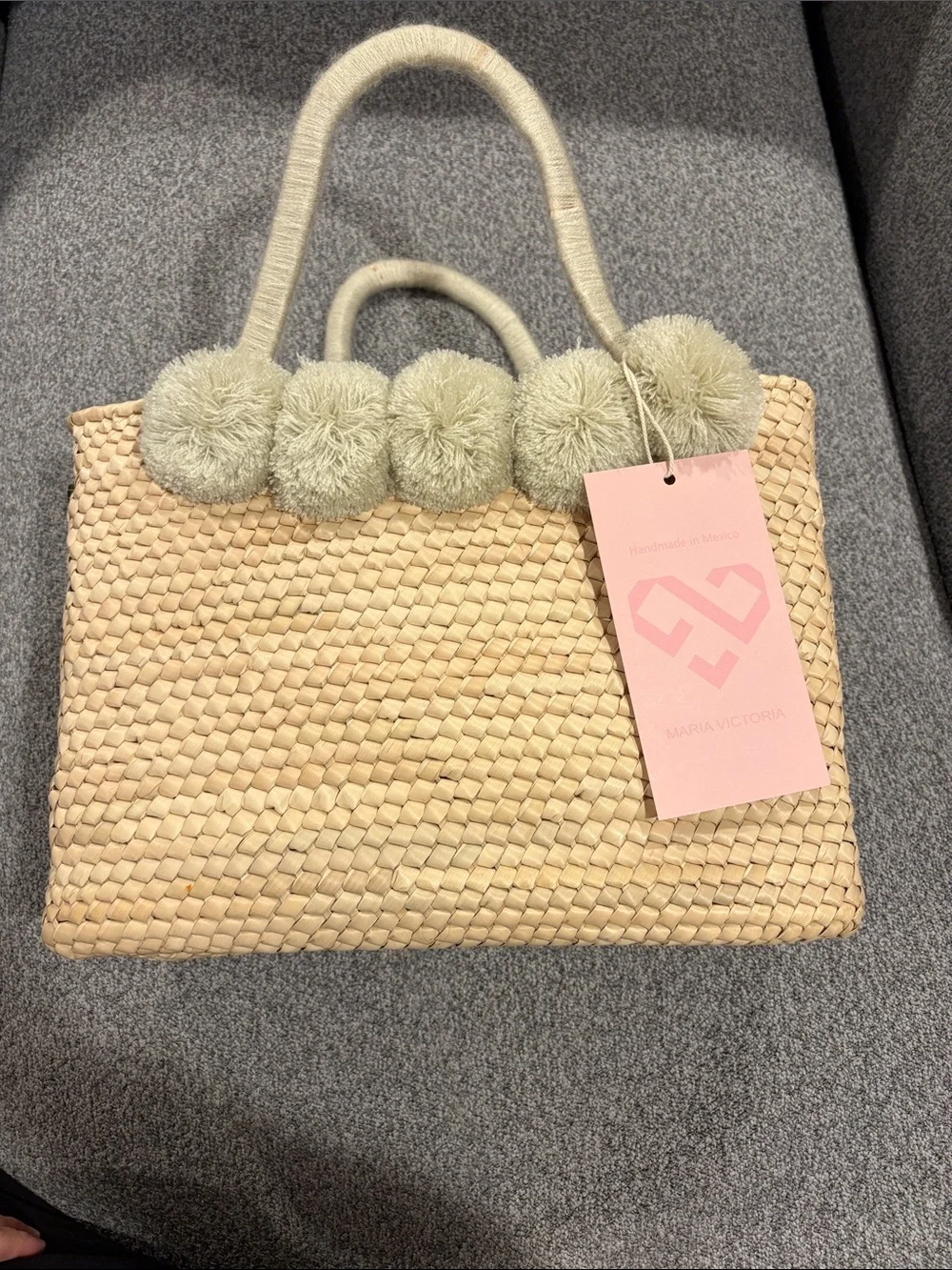 Maria Victoria Palma Nina Handwoven Straw Tote with Pom-Pom Trim - Natural